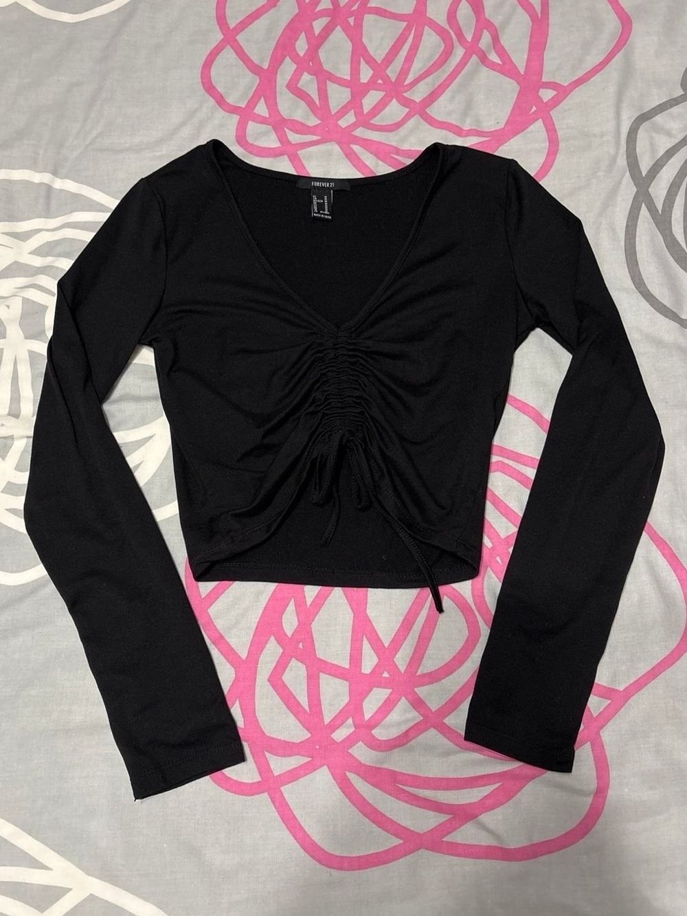Forever 21 Black Ruched Long Sleeve Drawstring Crop Top